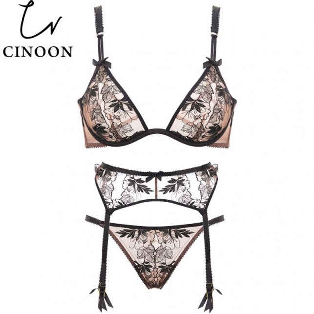 CINOON Sexy Push Up Deep U Lingerie New Bra+Panties+Garter Embroidery Bralette Women's Underwear Set Lace intimate lingerie