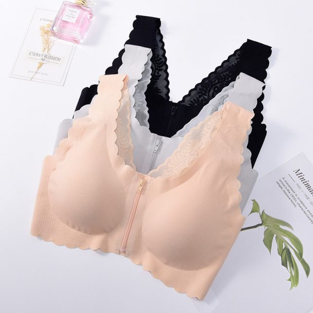 Wireless Front Zipper Cotton Lining Mesh Gather Wide Shoulder Strap Full Cup Bras 34-42 B C Cup