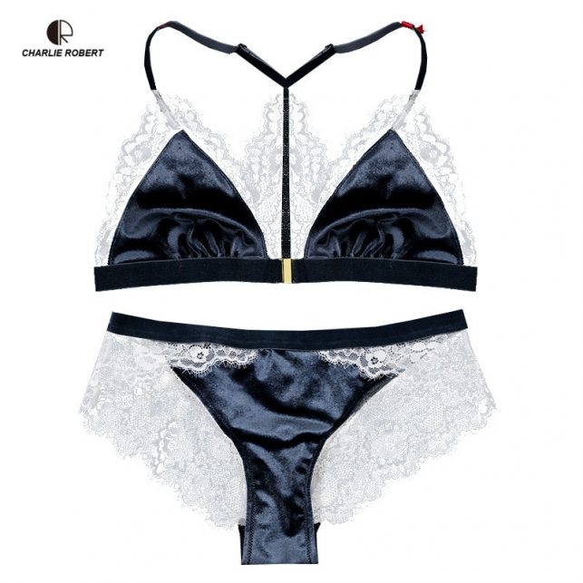 CR Ladies Sexy Lingerie Lace Y-line Straps Hollow Out Panties Bra set Underwear Free Shipping