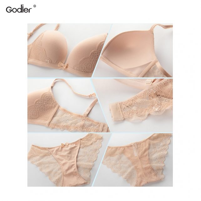 Godier Sexy Lace Solid Bra Brief Set Push Up Underwear Lingerie ABC Cup Vest Top Brand wireless ladies seamless bras and pant