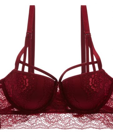 Sexy lace bra with small breasts and a red biennial bra on the side