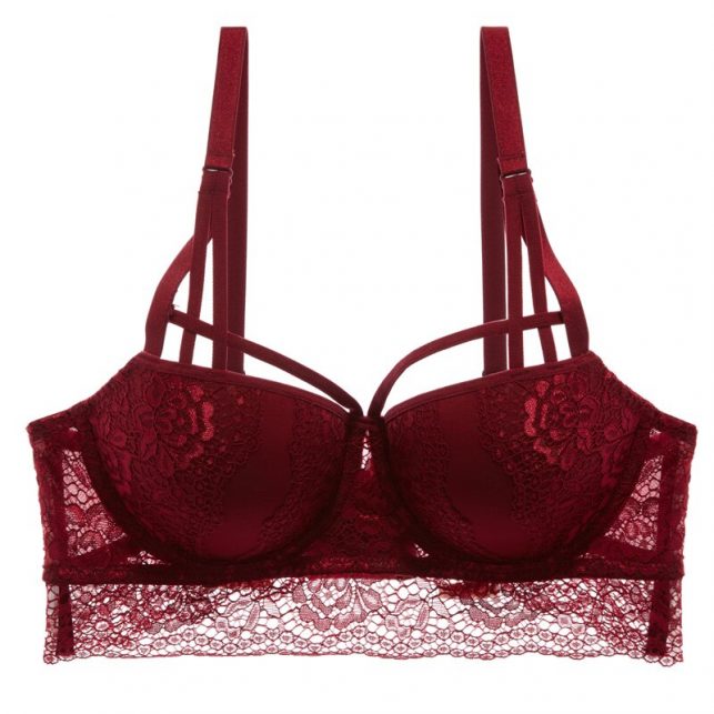 Sexy lace bra with small breasts and a red biennial bra on the side