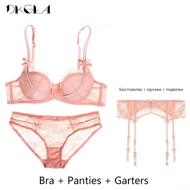 Thin Cotton Bras Push Up Women Lingerie Pink Sexy Bra Set 3 Piece Bra+Panties+Garter Lace Underwear Set Brassiere Embroidery