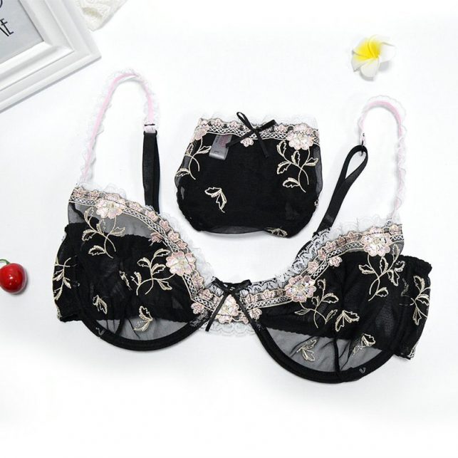 Girl's Sexy Lace Bra Set Women's Everyday Bra Brief Sets Sexy Embroidery Floral Lace Sheer Underwear Lingerie Plus Size C D Cup