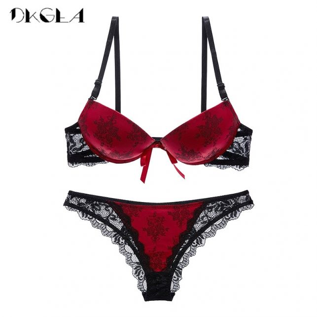 Luxury Printing Underwear Set Women Bow Fashion Red Push Up Bra Panties Sets Sexy Lingerie Embroidery Lace Bra Set Cotton Thick