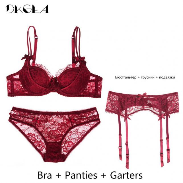 Thin Cotton Bras Push Up Women Lingerie Pink Sexy Bra Set 3 Piece Bra+Panties+Garter Lace Underwear Set Brassiere Embroidery