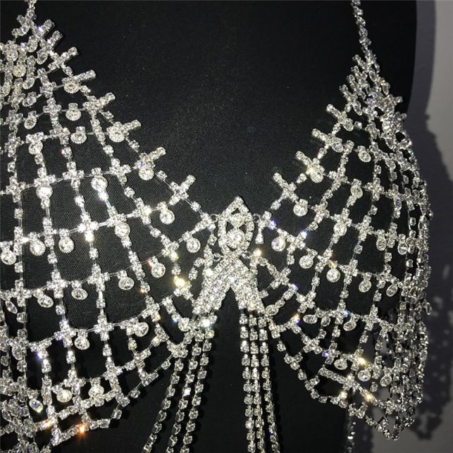 Necklace Harness Crystal Chest Body Chain Beach Bikini Bra Tops Jewel Rhinestone Open Back