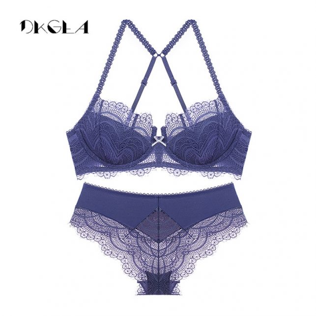 Blue Sexy Bra Set Comfortable 1/2 Cup Brassiere B C Cup Lace Women Underwear Fashion Push Up Bras And Panties Set Embroider