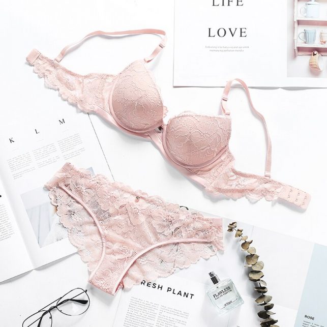 BALALOUM Sexy Push Up Floral Lace Bra Briefs Sets Transparent Panties Comfortable Brassiere Underwear Lingerie Pink