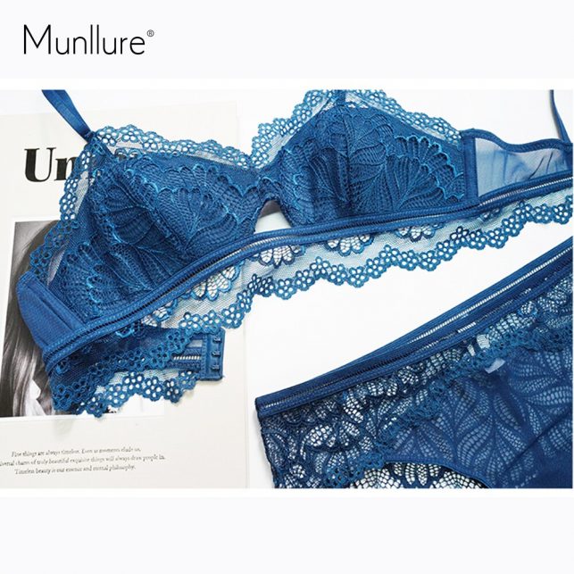 Munllure Fashion Eyelash Lace Thin Women Triangle Cup Underwear Sexy Hollow Out Solid Lace Bra Set Lingerie New