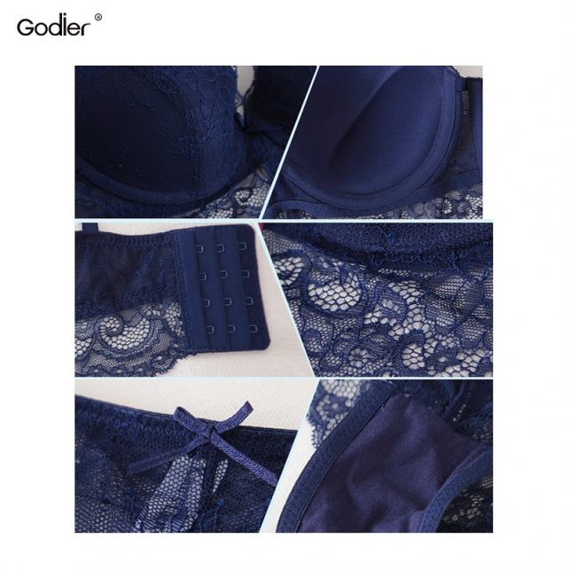 Godier Sexy Bra Brief Set Push Up Bra Set BH Lace Embroidery Women Underwear Brassiere Top Lingerie ABC Cup Vest black underwear
