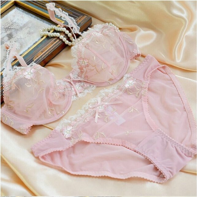 Girl's Sexy Lace Bra Set Women's Everyday Bra Brief Sets Sexy Embroidery Floral Lace Sheer Underwear Lingerie Plus Size C D Cup