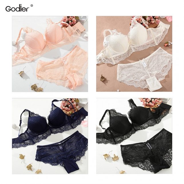 Godier Sexy Bra Brief Set Push Up Bra Set BH Lace Embroidery Women Underwear Brassiere Top Lingerie ABC Cup Vest black underwear