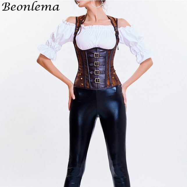 Beonlema PU Leather Corset Korset Underbust Steampunk Gothic Sexy Lace Up Corsets Top Bustier Brown Punk Goth Corselet Corset