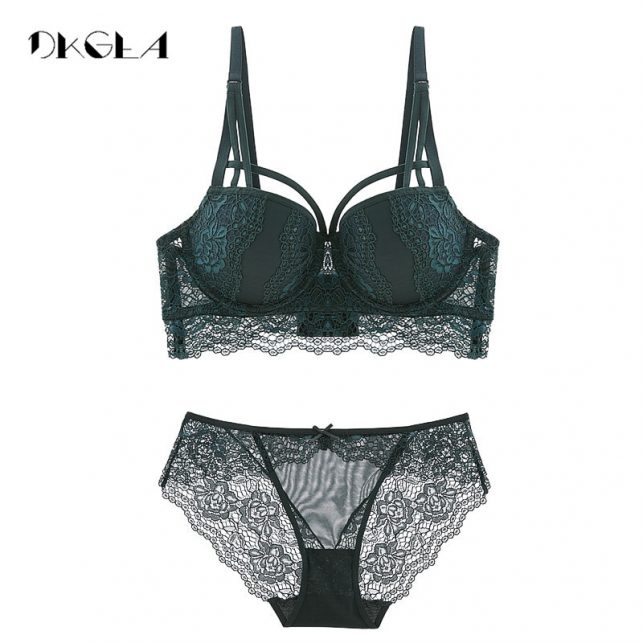 New Top Sexy Underwear Set Cotton Push-Up Bra And Panty Sets 3/4 Cup Brand Green Lace Lingerie Set Women Deep V Brassiere Black
