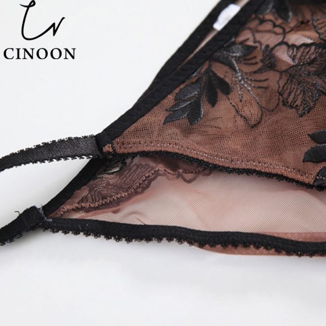 CINOON Sexy Push Up Deep U Lingerie New Bra+Panties+Garter Embroidery Bralette Women's Underwear Set Lace intimate lingerie